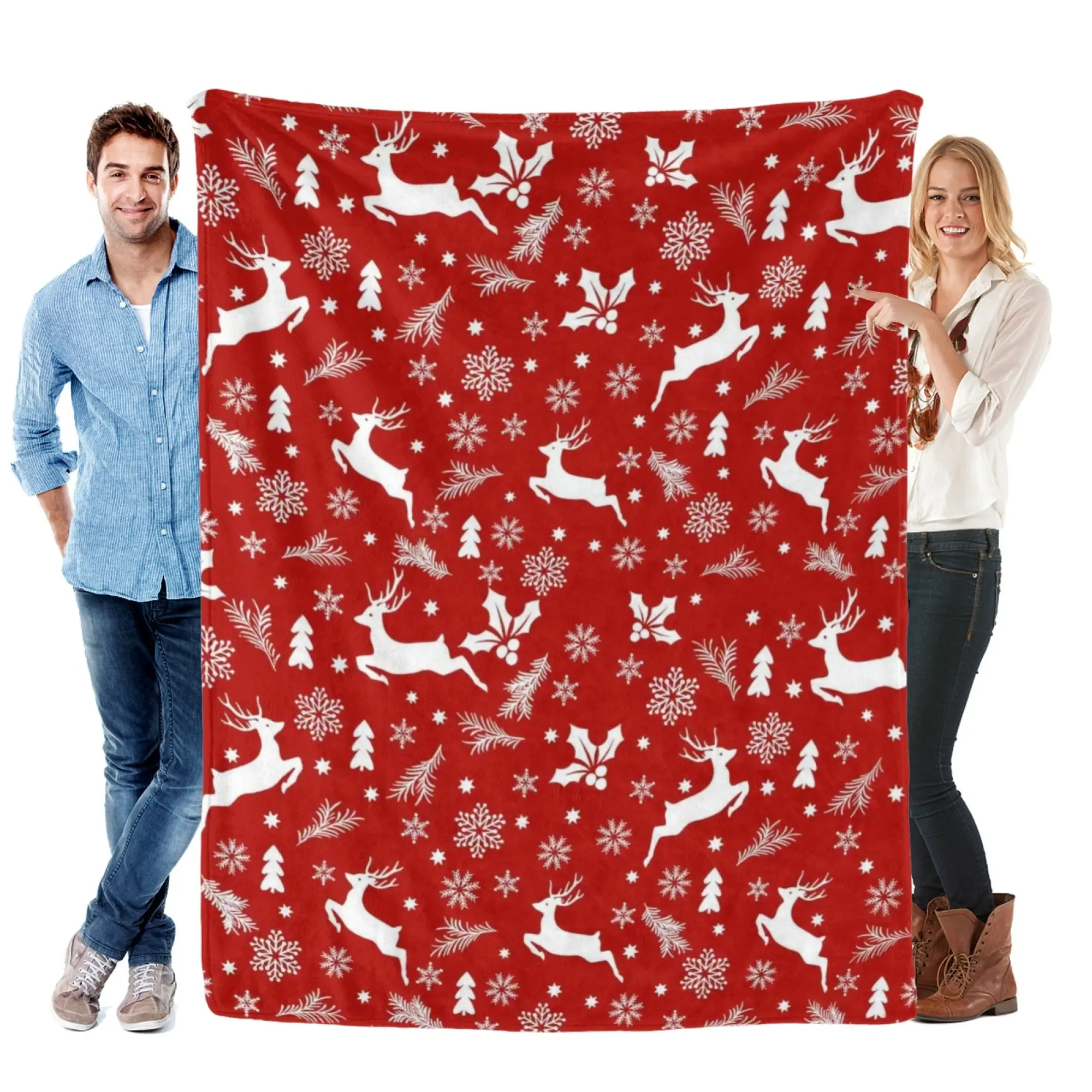 Vintage Xmas Deer Print Fleece Blanket Classic Red Base White Jumping Reindeer Snow Pine Leaves Holly Berry Design Cozy Blanket For Living Room Bedroom Holiday Decor