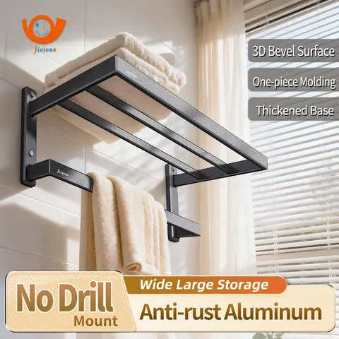FIESONO 24-in Wall-Mounted Durable Aluminium Metal Towel Rack - Bathroom Organizing Accessories, Minimal Modern Hotel-Style Double-Bar Holder with Non-Slip Snap, Wide Nail-In Toiletries Storage Shelf