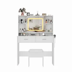 Vanity Desk with Mirror, Make Up Vanity Desk,with Charging Station, Seat, Mirror and Lights - LED Table Compact Makeup Stool Chair Sliding Storage Set Lighted Cabinet, White