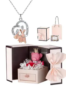 Mother's Day Gift Set: "Mom & Me" Heart Necklace Duo, Fashion Necklace — A Mother's Day Present from Daughter or Son. Features a Moss Bear Rose Jewelry Box and a Copper Pendant Necklace. The Perfect Gift for Mother's Day