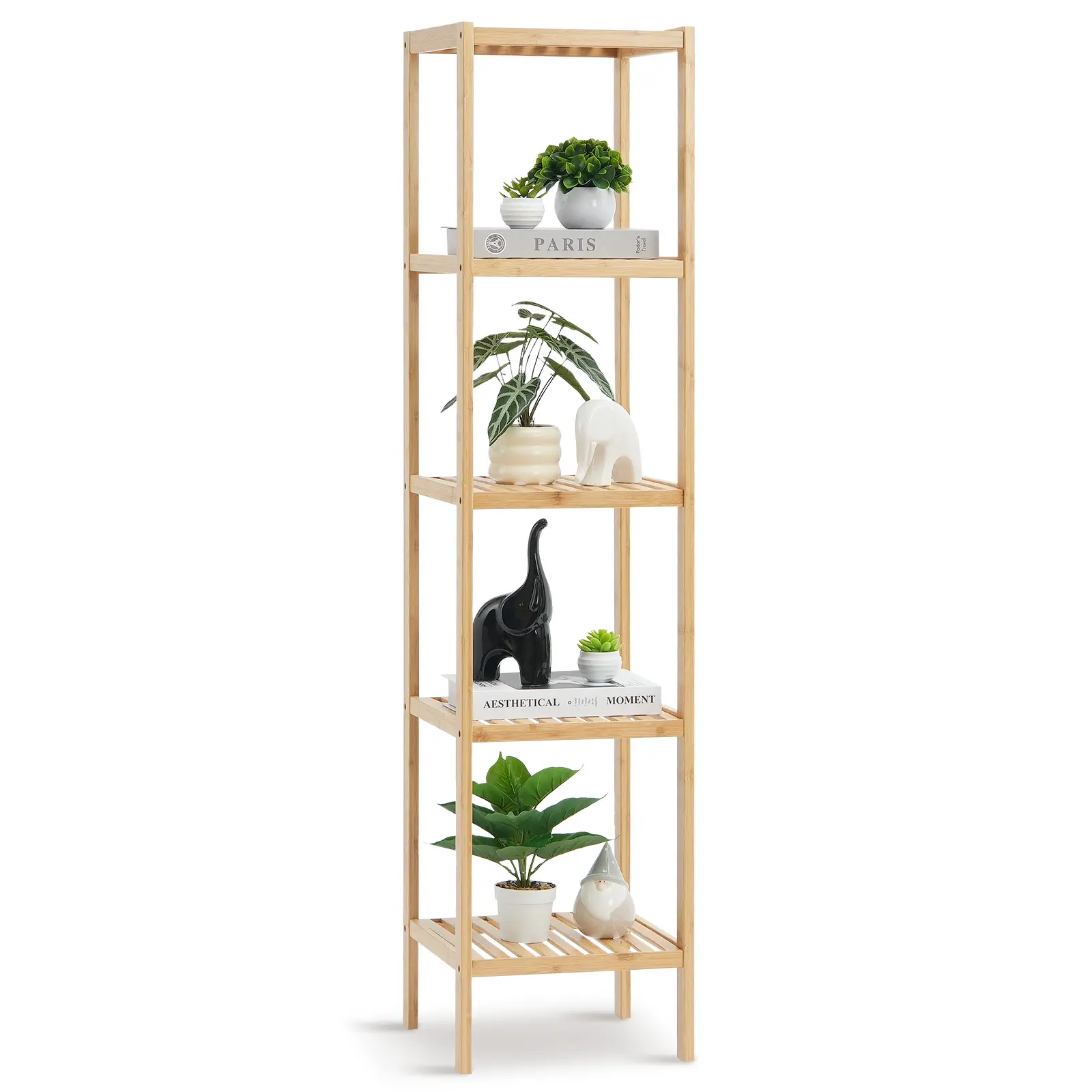 【BackToSchool】VEVOR 5-Tier Bamboo Standing Shelf Unit, Narrow Durable Waterproof Minimalist Space-Saving Furniture, Easy-Assembly Corner Decorative Shelf for Bathroom, Kitchen (Ideal for Small House Design, Home Library)