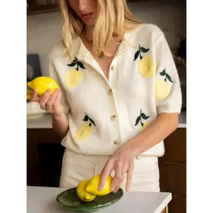 Women's Lemon Embroidered Cardigan Sweater, Casual Short Sleeve Knit Top for All Seasons, Stylish Ladies Knitwear for Everyday Wear, Boho Casual Knitwear