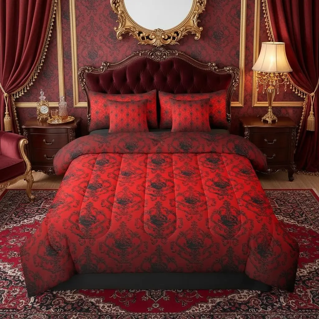 Black Damask Bedding Set - Black and Red Bed in A Bag,Victorian Floral Comforter Sets with Sheets,Bohemian Decor 7 Pieces Bed Set Bedroom Decor