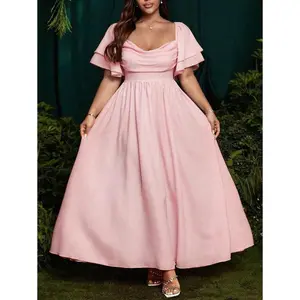 Plus Size Ruffle Collar & Sleeve A-Line Dress, Pink Elegant Flowing Pleated Hem Ball Gown For Party, Wedding, Vacation