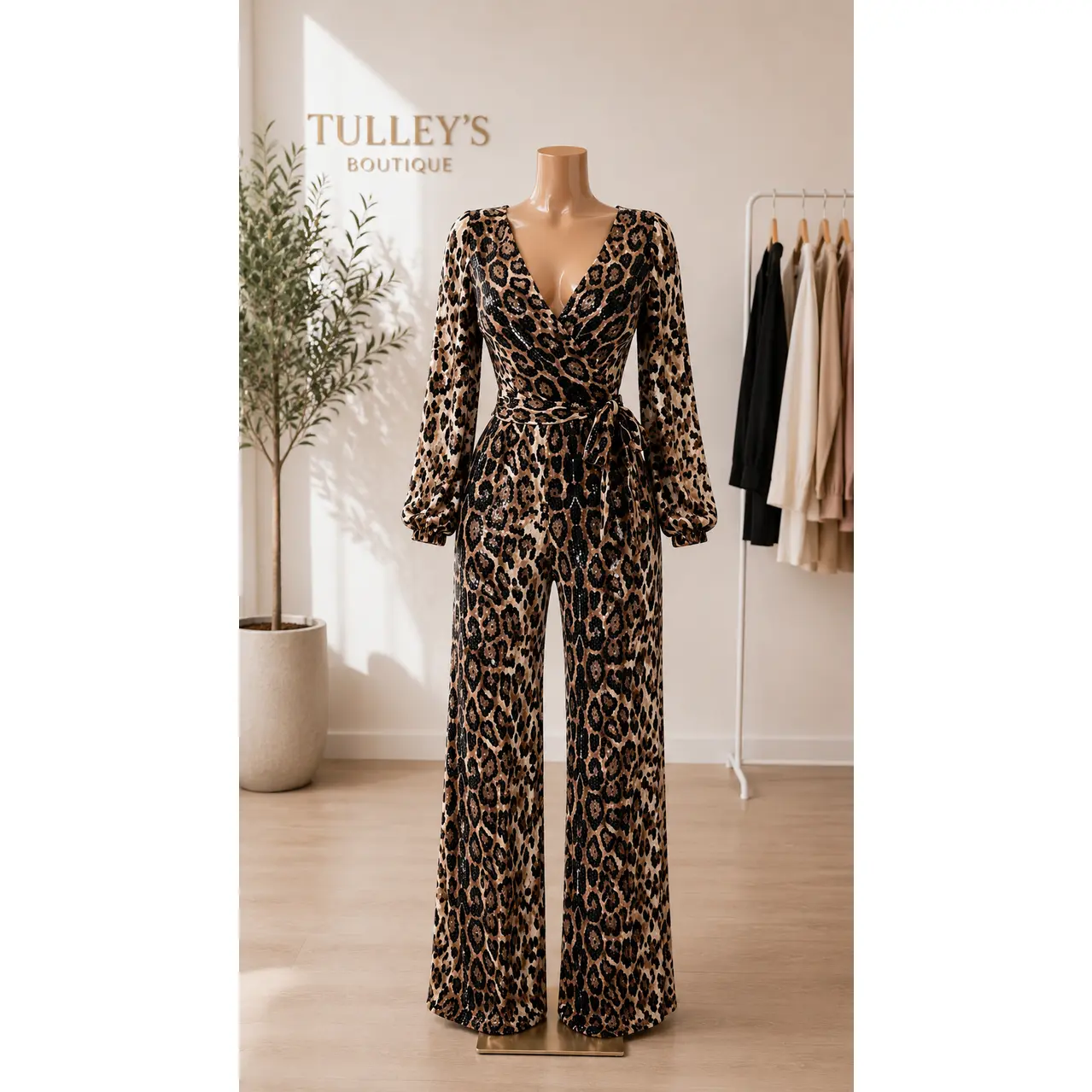 Wild Elegance Sequin Leopard Wrap Jumpsuit