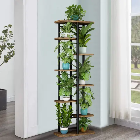 SUOERNUO 8-Tier Plant Stand - Rust-Resist Coat, Wider Stable Base, Iron+MDF Build, 16.93l*9.25w*53.54h in, 8-Tier-9 Pot Black Indoor Display Rack, Home Organizer Gift for Patio & Garden Corner