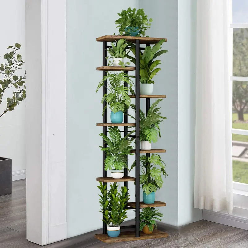 SUOERNUO 8-Tier Plant Stand - Rust-Resist Coat, Wider Stable Base, Iron+MDF Build, 16.93l*9.25w*53.54h in, 8-Tier-9 Pot Black Indoor Display Rack, Home Organizer Gift for Patio & Garden Corner