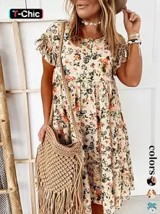 Women's Floral Print Ruffle Smock Dress, Casual Fashion Breathable Short Sleeve Round Neck Knee Length Dress for Summer, Women's Dress for Beach Holiday Vacation, Womenswear, Lady