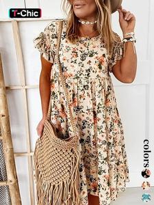 women's floral print ruffle vintage smock dress, lady casual bohemian fashion short sleeve round neck knee length dress for summer, women's dress for beach holiday vacation, womenswear, boho clothes women, flounce sleeve dress, casual loose dress