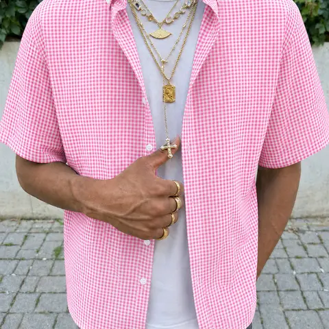 Men's Checkered Plaid Polyester Short-Sleeve Collared Button-Up Shirt - Lightweight Loose-Fit, Chest Pocket, Fashion Streetwear, Everyday Summer Casual Menswear Top