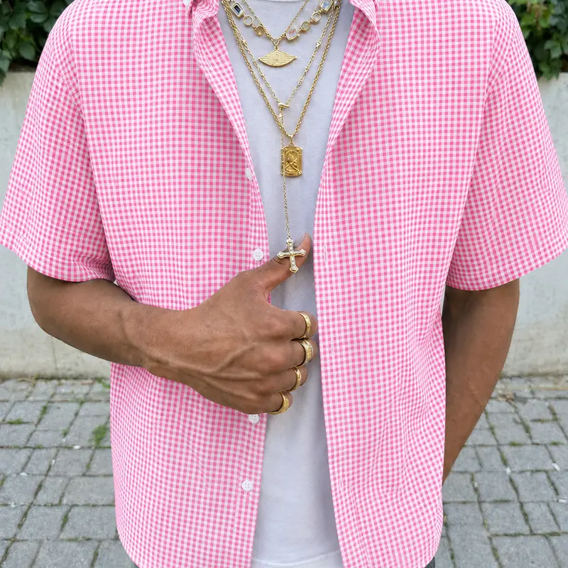 Men's Checkered Plaid Polyester Short-Sleeve Collared Button-Up Shirt - Lightweight Loose-Fit, Chest Pocket, Fashion Streetwear, Everyday Summer Casual Menswear Top
