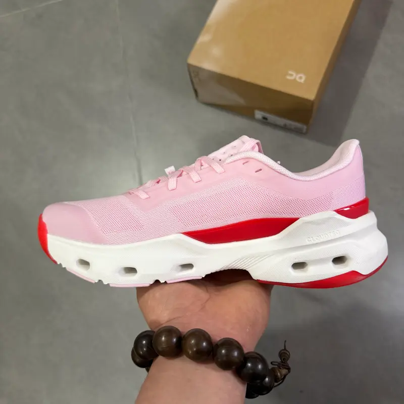 Performance street kicks that elevate every gentle vibrant casual daily outfit, porous stretch knit mesh upper adopting pink white bright red tri-tone contrast layout with wide roomy toe box, built-in mesh vent panels