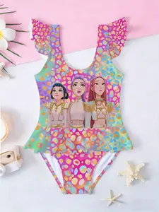 Girls Kpop Series One-Piece Swimsuit, Colorblock Leopard Bottom & Korean Cartoon Print Hemless Swimwear, Summer Skirt Style, Beach Swimming