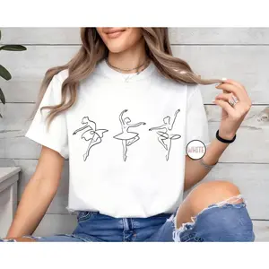 Minimalist Ballerina Line Art Graphic Tee Women Oversized Crewneck Short Sleeve Soft Cotton Basic Trendy Casual Streetwear Dance Lover Gift