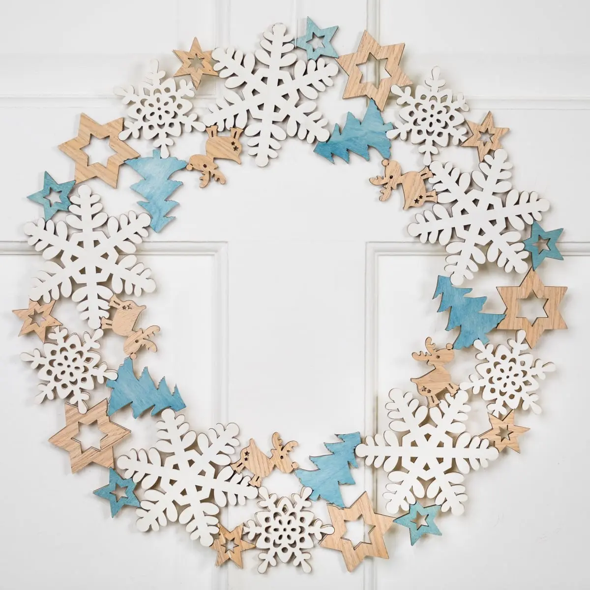 360-Stand Unlit Wooden Christmas Wreath with Snowflake Cut-Outs - 15.75 in., Beige, Paint-Ready Classic Christmas Decor, DIY Option, Decorative Piece for Door Decoration, Featuring Wooden Snowflakes, Diy Wreath