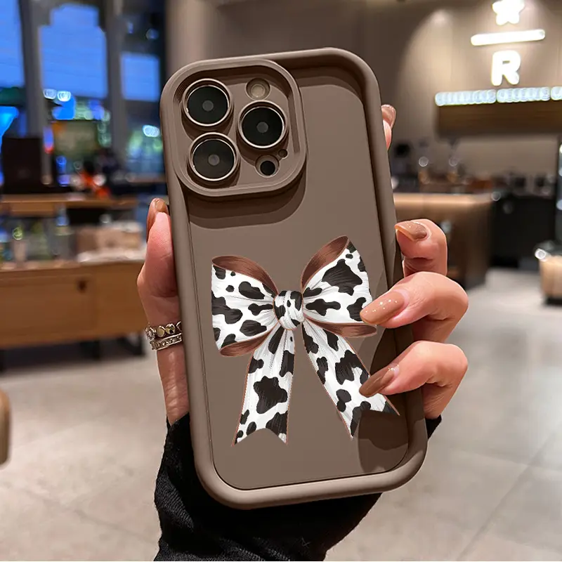 Trendy Cow Print Bow Pattern TPU Phone Case for iPhone 17 16 15 14 Pro Max 13 12 11 XR XS Plus E Shockproof Drop Protection Rugged Durable Silicone Cover Cellphone Protective