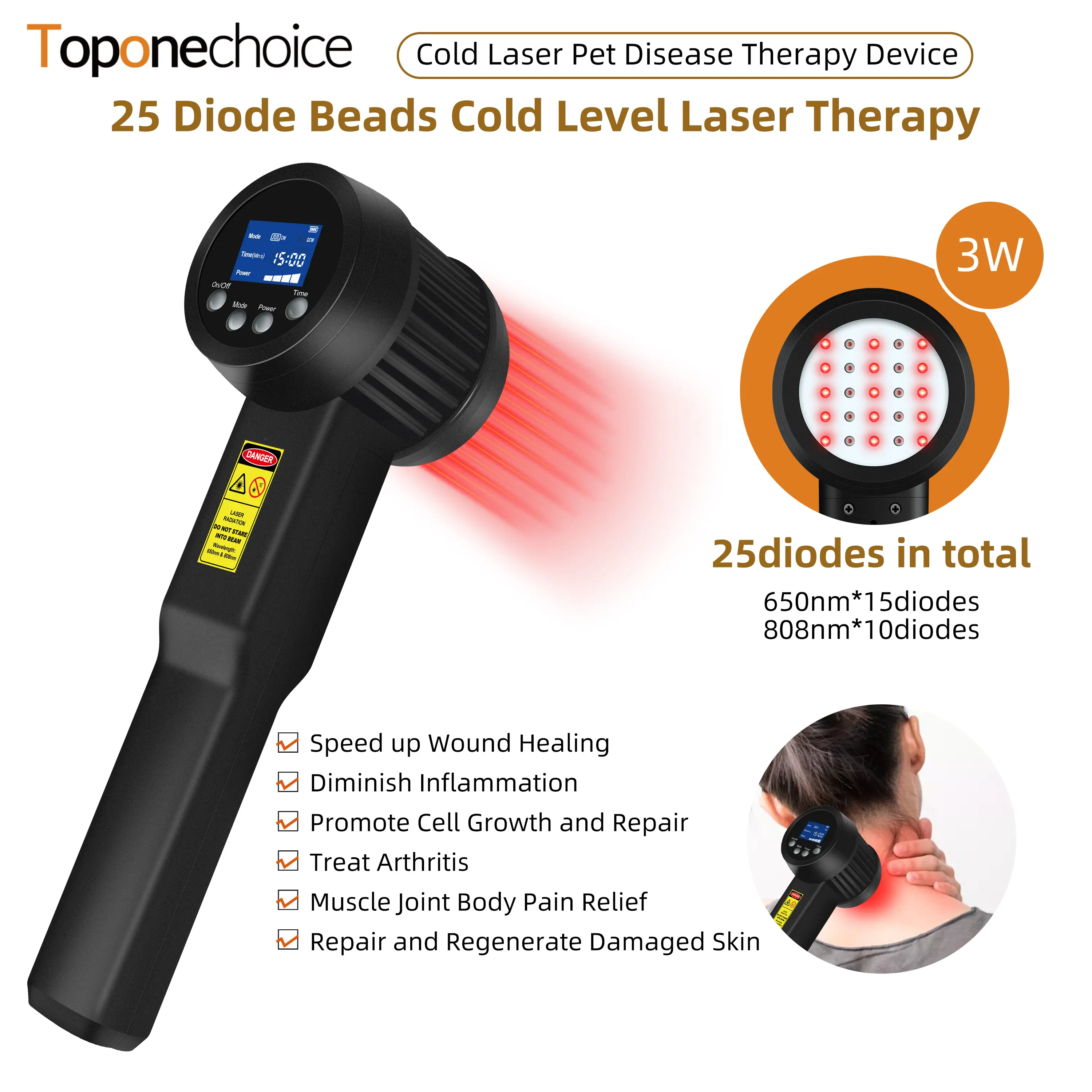 Toponechoice 3W Cold Laser Healing Physiotherapy Machine, Portable 25 Diodes 808nm 650nm Cold Laser Therapy Device for Neuropathy Near me ,Light Laser for Pets,Laser Treatment for Injured Muscles,Laser Treatment for Disc Bulge,Pain Treatment for Dogs
