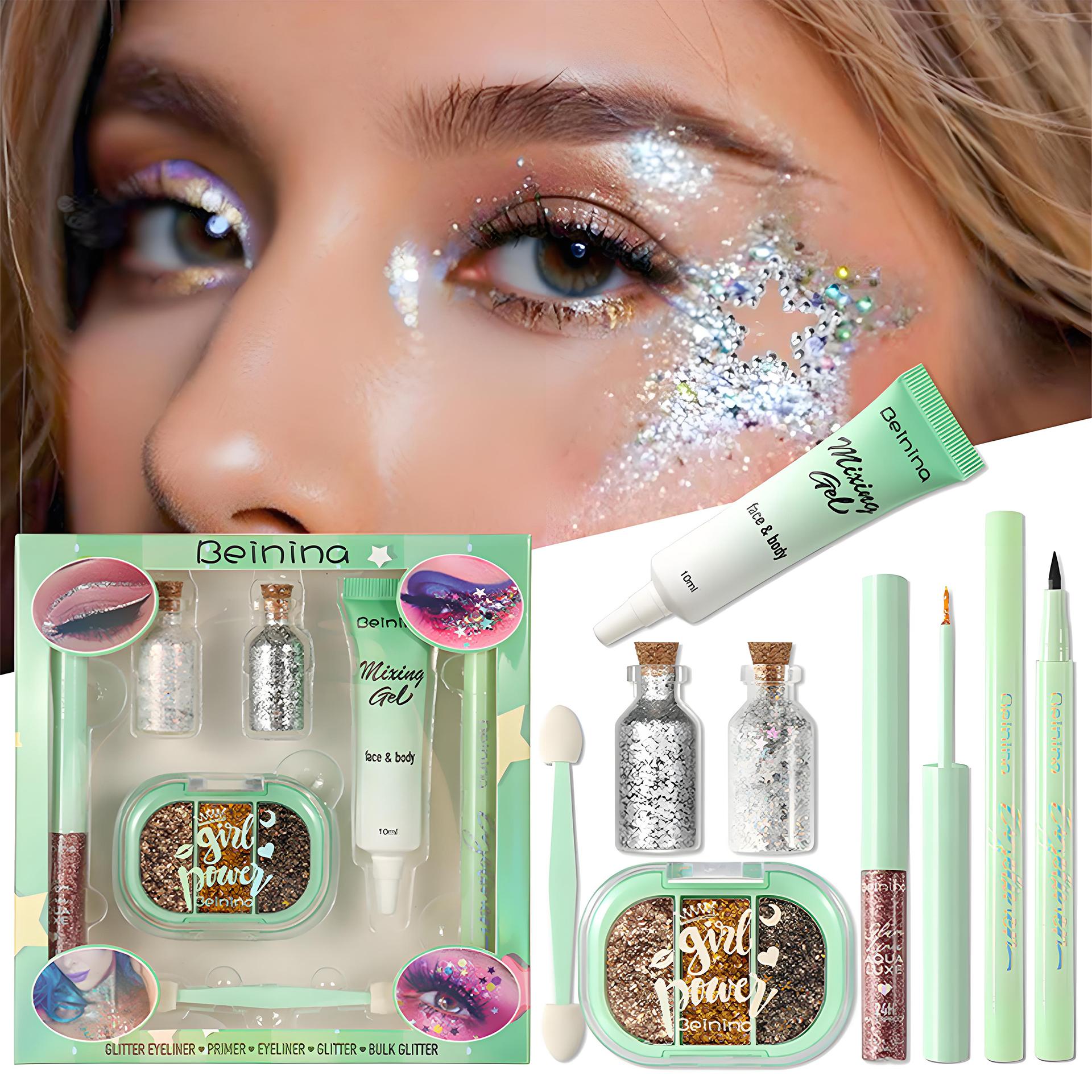 Glitter Liquid Eyeliner & Eyeshadow Set – Waterproof, Smudge-Proof & Vibrant – Perfect for Summer Music Festivals, Rave Parties, Halloween Looks, Holiday Glam & New Year's Eve – Cute Drink-Shaped Container – Long-Lasting, High-Shine Eye Makeup