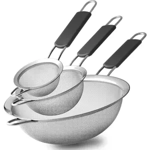 Stainless Steel Fine Mesh Strainers, Set of 3 Sizes Strainer for Kitchen, Wire Sieve with Insulated Handle Kitchen Strainer, Baking Tools Colander, Food Preparation, Flour Sifter, Rice, Pasta Strainer