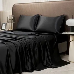 Satin Sheets Queen Size Bed Set, Luxury Soft Black Silky Sheets for Hair and Skin, Similar to Silk Bed Sheets Set 4 Pieces with 1 Deep Pocket Fitted Sheet, 1 Flat Sheet, and 2 Pillowcases