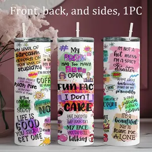 1pc 20oz stainless steel water bottle Tumbler, printed with cartoon-style inspirational phrases, straw cup design, suitable for fitness, travel, driving, daily use at home, and a great gift for family and friends, Stainless Steel Drinkware