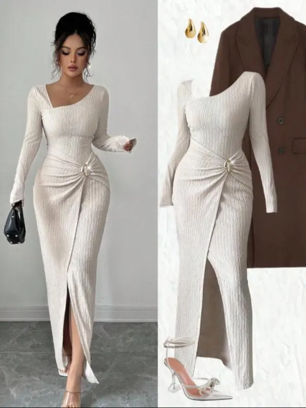solid twisted design high slit maxi dress Aurora Slinky And Mesh Split Maxi Dress - Mahogany main image 1