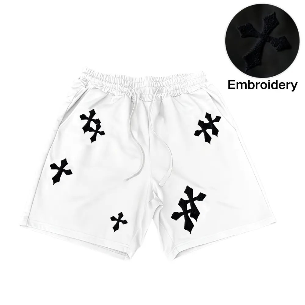 American high-street men’s casual shorts, knee-length; embroidered towel motif with a cross; elastic drawstring waistband for a snug yet comfortable fit; loose legs that don’t restrict movement; breathable fabric for a cool, skin-friendly feel; street-sty