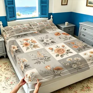 3PCS Vintage Floral Checkerboard Fitted Sheet Set, Soft Fiber Fabric, Elastic All Around Mattress Cover, Machine Washable, All Season, Perfect for Bedroom Dorm Decor, Gift Idea