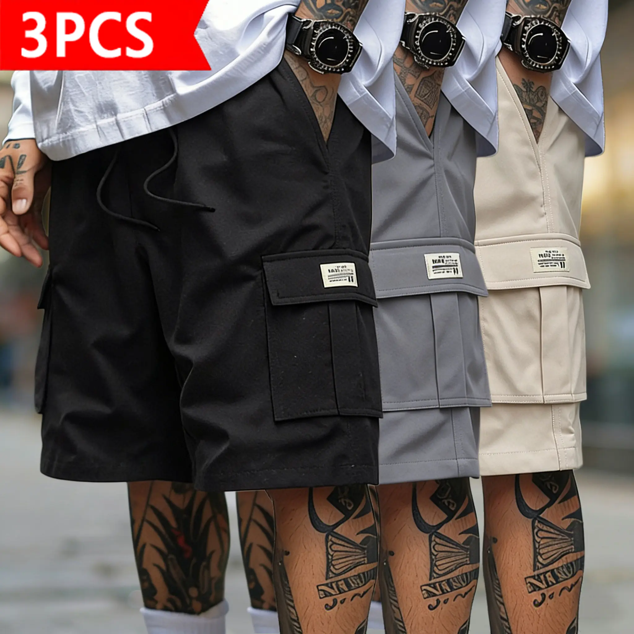 Men's Summer Street-Style Drawstring Cargo Shorts 3-Pack, Multi-Pocket Stylish Casual Menswear Bottoms, Ideal for Everyday Wear, Outings, Gift for Boyfriend/Son