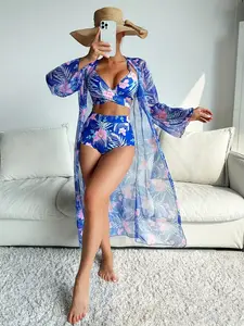 Women's 3 Piece Long Sleeve Mesh Rash Guard Bikini Set Colorful Print Sun Protection Swimwear