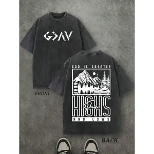 Vintage Washed God Is Greater Than The Highs And Lows Christian Oversized T-Shirt Double-Sided Faith Graphic Tee Casual Streetwear For Men Women