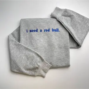 Embroidered "I Need a Redbull" Crewneck Sweatshirt, Energy Drink Inspired Pullover, Soda Lover Gift, Unisex Casual Streetwear