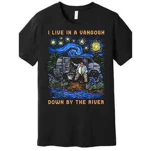 Men’s "I Live In A Van Gogh By The River" Graphic T-Shirt - Funny Black Cotton Short Sleeve Tee, Starry Night Inspired Design, Casual & Comfortable Fit, Everyday Tshirt |   Playful Graphic Tee |   Glossy Finish