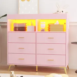 Dresser for Bedroom with 6 Drawers, Baby Changing Table Dresser with Changing Pad, LED Lights & Charging Station, Baby Changing Station with Changing Table Top,Pink