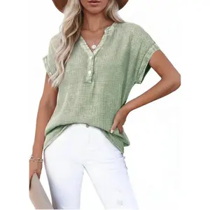 Women's Casual Textured Summer Blouse - Chic Button Down V Neck Short Sleeve Top, Loose Fit Boho Fashion Shirt, Lightweight Linen-Look Blouse for Vacation & Daily Wear 2026
