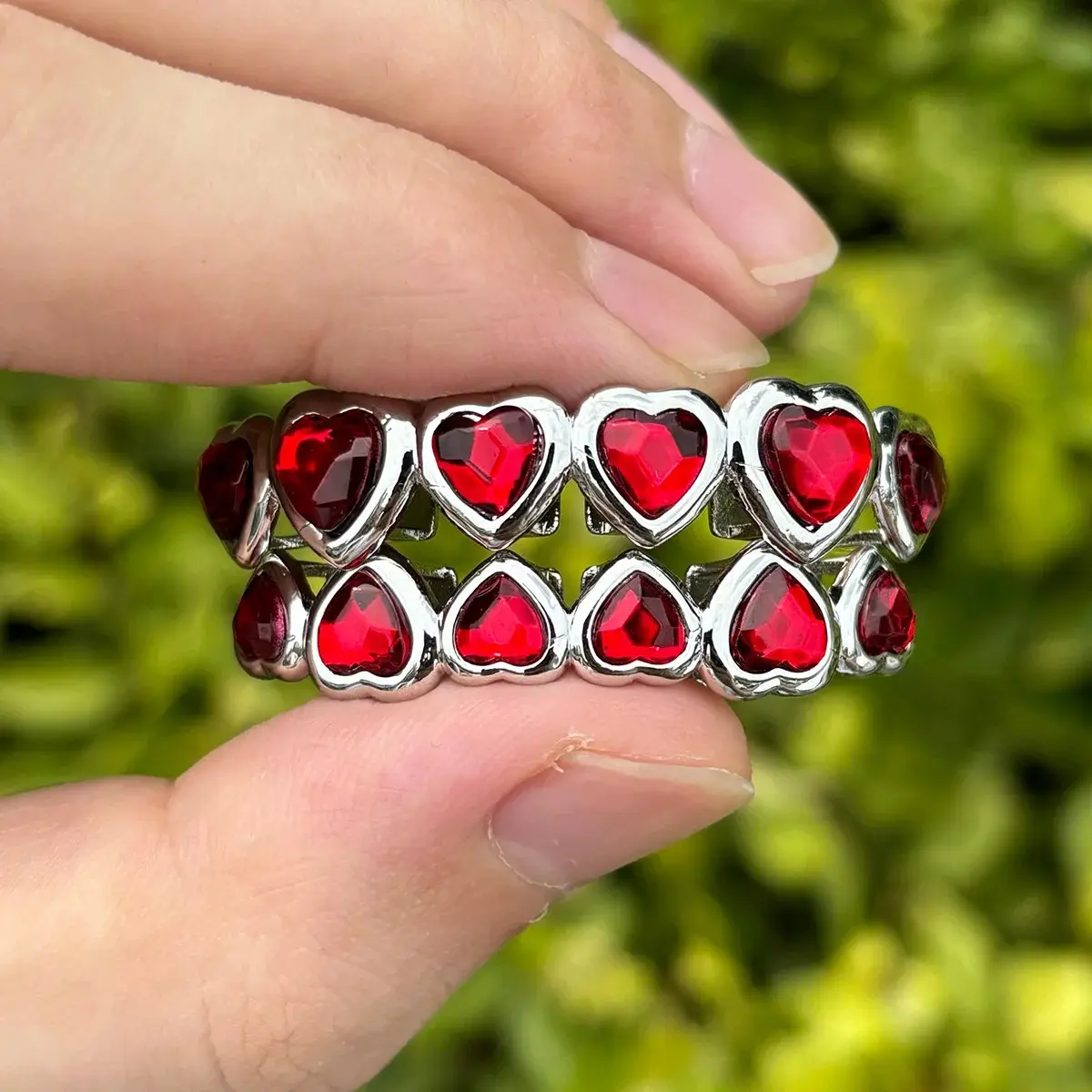 6/6 Red Heart Zircon Teeth Grillz Silver Color Hip Hop Shiny Green Crystal Tooth Caps For Women Men Jewelry Cosplay