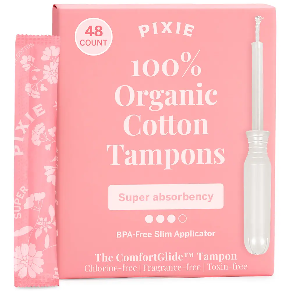 Pixie Organic Cotton Tampons – Super Absorbency – BPA-Free Long Applicator – Unscented, Chlorine-Free Feminine Care – 48 Count