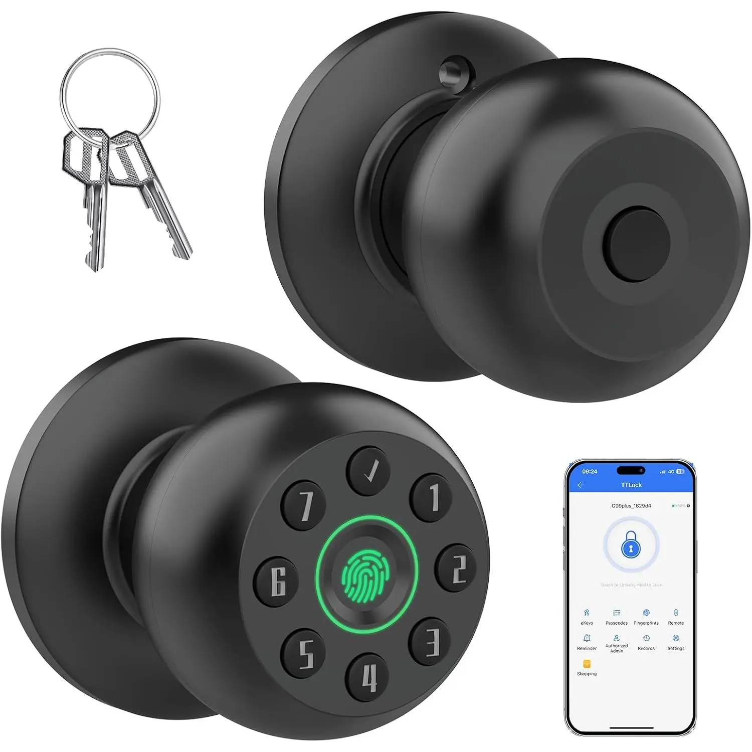 Fingerprint Door Knob,  Door Knob, Biometric Door Knob with Code, App Control, Auto Lock, Fingerprint Door Lock,Thumb Print Door Knobs for Bedroom, Office, Apartment