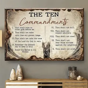 1pc Decorative Patterns On Office Supplies Retro Canvas Walls Jesus Painting Wooden Background The Ten Commandments Wall Art Canvas Motivational Wall Decor - Ready to Hang