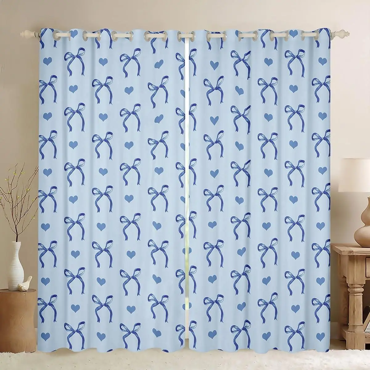 Blue Love Hearts Bowknot Window Curtains,2 Panels | Ribbon Blackout Curtains Cute Dreamy Bow Kawaii Adults Women Lightweight Window Treatments Drapes