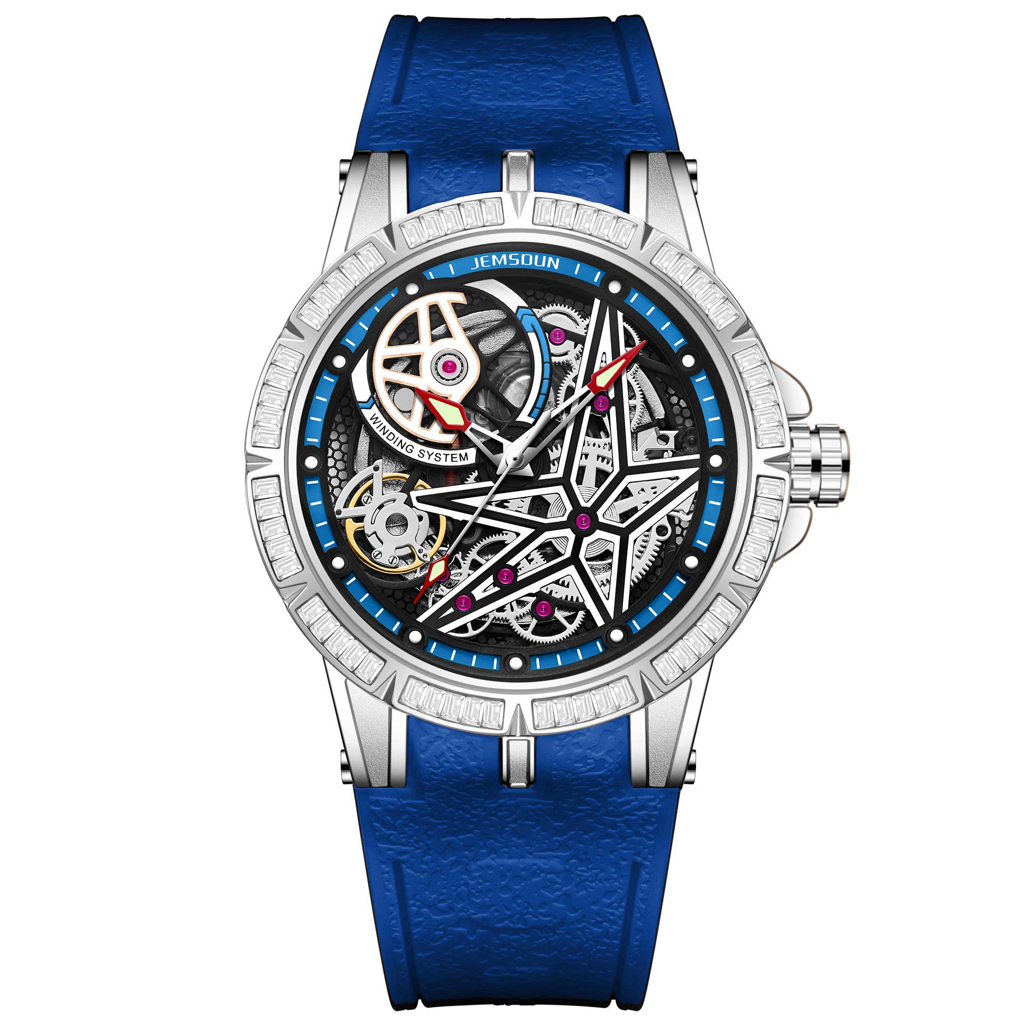 Luxury Skeleton Automatic Watch Diamond Bezel Black Rubber Strap