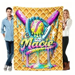 Softball Ice Cream Throw Blanket, Personalized Name Glove Dripping Flannel Blanket, Soft Cozy Warm Throw, Neon Melt Waffle Cone Design, Custom Gift for Softball Player Girl, Cool Sporty Bedroom Dorm Decor(Remarks/Message)