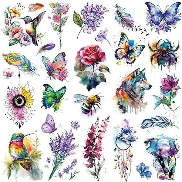 8 Sheets Large 3D Watercolor Temporary Tattoos For Women Girls-Colorful Flower Hummingbird Butterfly Realistic Long Lasting Fake Tattoo Stickers Waterproof Tattoos For Women Adult Body Art