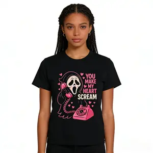 Valentine’s Day Graphic Cotton T-Shirt Cute Creepy Horror Style, Make My Heart Scream Spooky Love Tee, Casual Fashion Short Sleeve Top for Horror Movie Fans