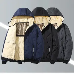 Men's Thick Fleece Jacket with Full Zipper and Hooded Winter Coat Loose Vintage Ski Jacket Black Gray Blue Triangle Gradient Color Machine Washable Outdoor Apparel for Hiking Skiing Christmas and Outdoor Activities Warm Casual AutumnGift