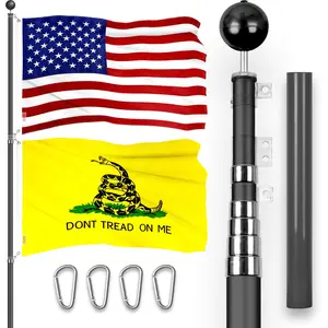 G128 Combo Pack: 20 Ft Telescoping Aluminum Flagpole (Black) & American and Gadsden Flags 3x5 Ft, Both ToughWeave Series Embroidered Polyester | Pole with Flags Included