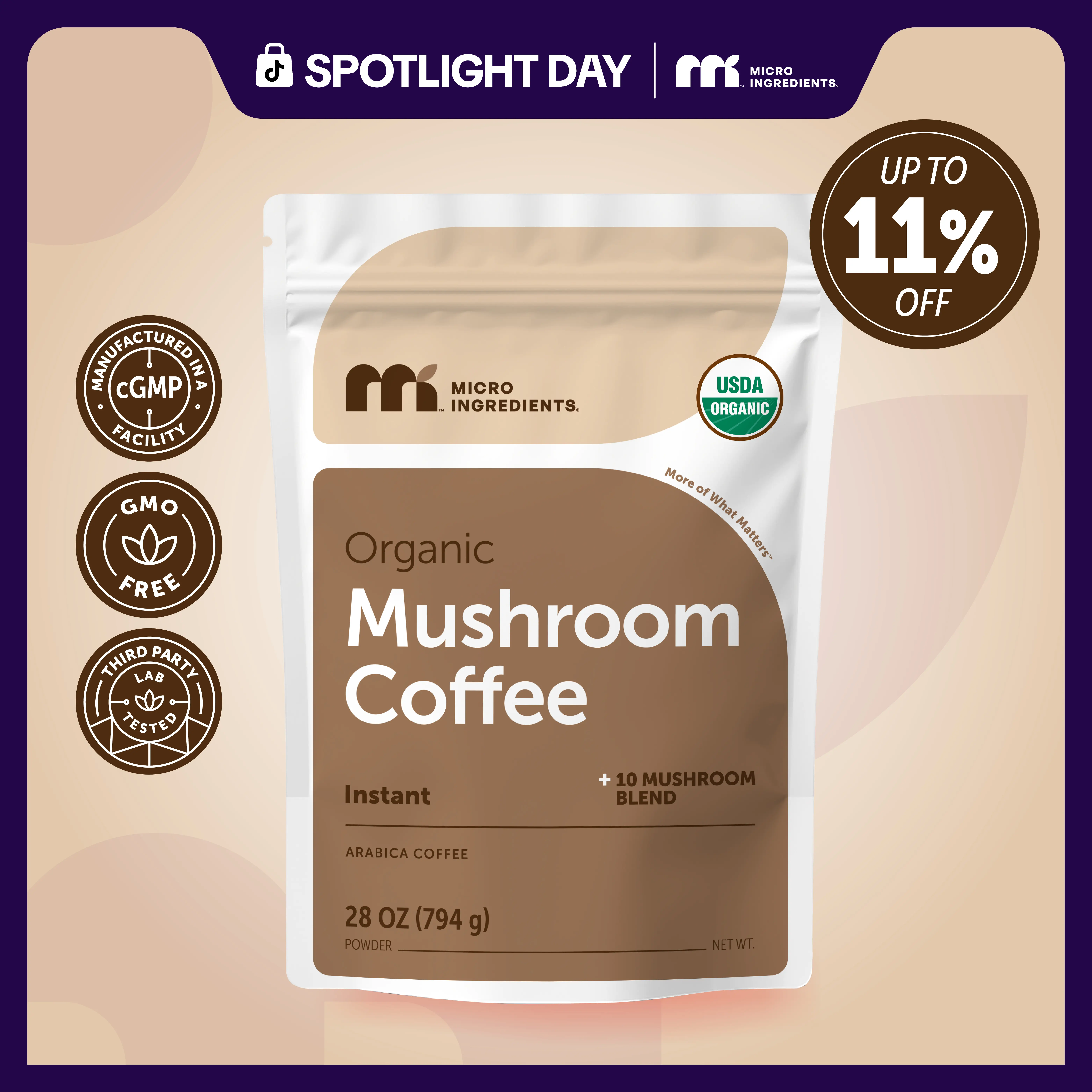 Micro Ingredients Organic Instant 10 in 1 Mushroom Coffee Powder