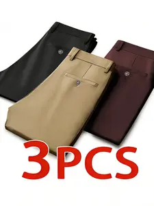 Three-Pack Men's Business Casual Pants, sleek straight-leg style. Wrinkle-resistant drapey fabric, easy-care and crease-free after long sits. three colors avaliable ,suitable for office commuting & daily casual wear