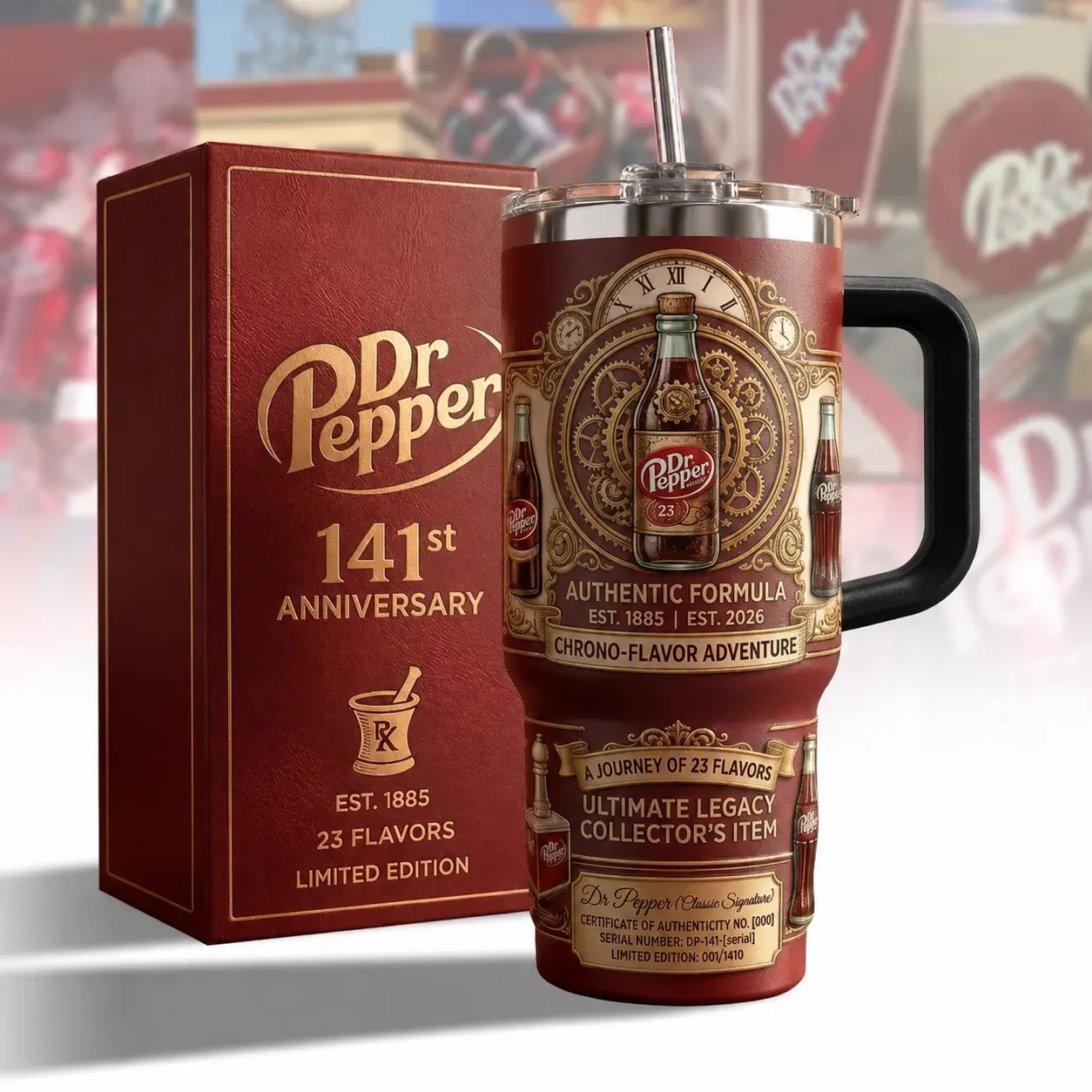 Soda 141st Anniversary 40oz Tumbler - Ultimate Legacy Collector Edition Travel Mug - Steampunk Vintage Style Insulated Cup with Handle - Since 1885 Original Recipe Soda Fan Gift