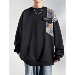 TNZI Men's Casual Bear Embroidery Contrasting Color Long Sleeve Pullover Sweatshirt, Round Neck Patchwork Digital Print Menswear Tops, Soft Skin-Friendly Comfortable Breathable for Casual Commuting